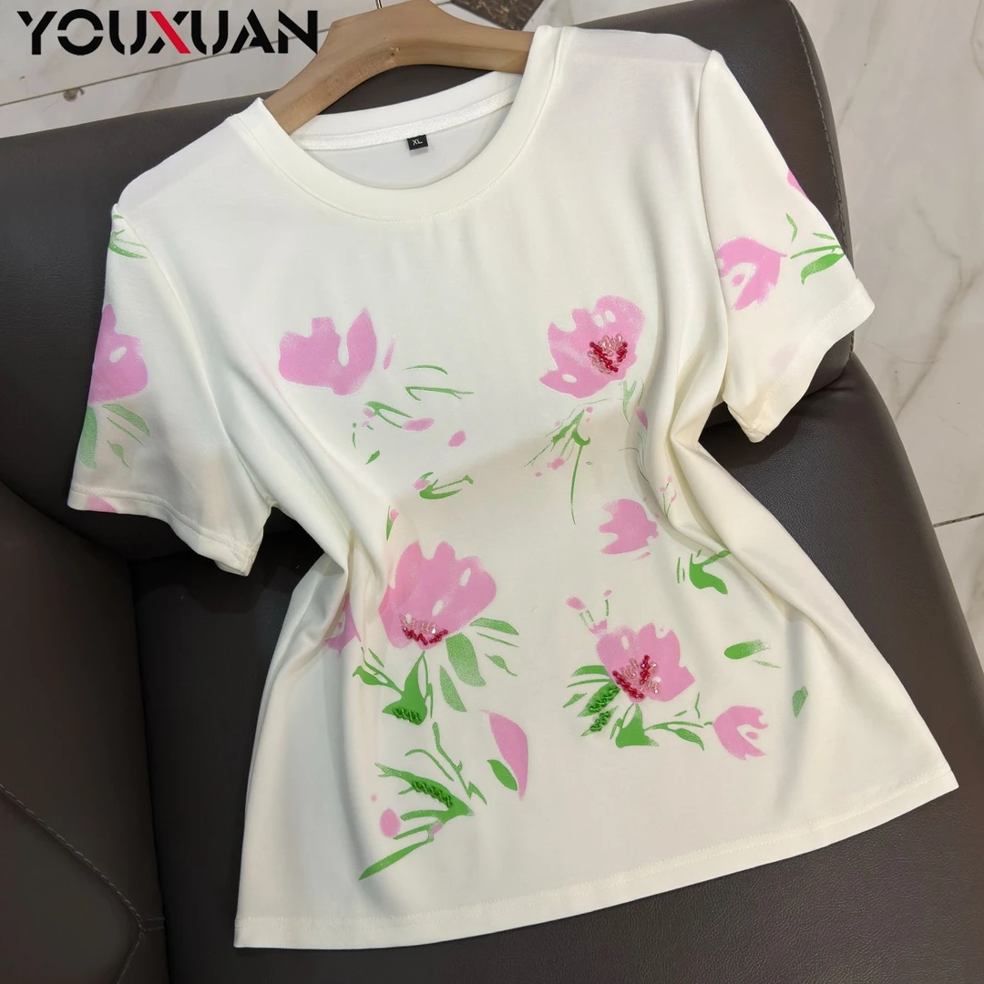 夏季新品女士短袖圆领休闲T恤上衣女装时尚百搭半袖小衫78259