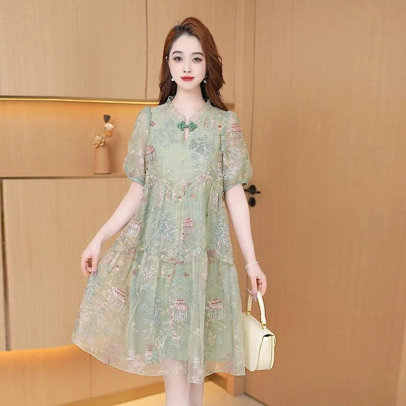 新中式2025年夏季中国风连衣裙短袖时尚减龄高腰显瘦宽松大码女装