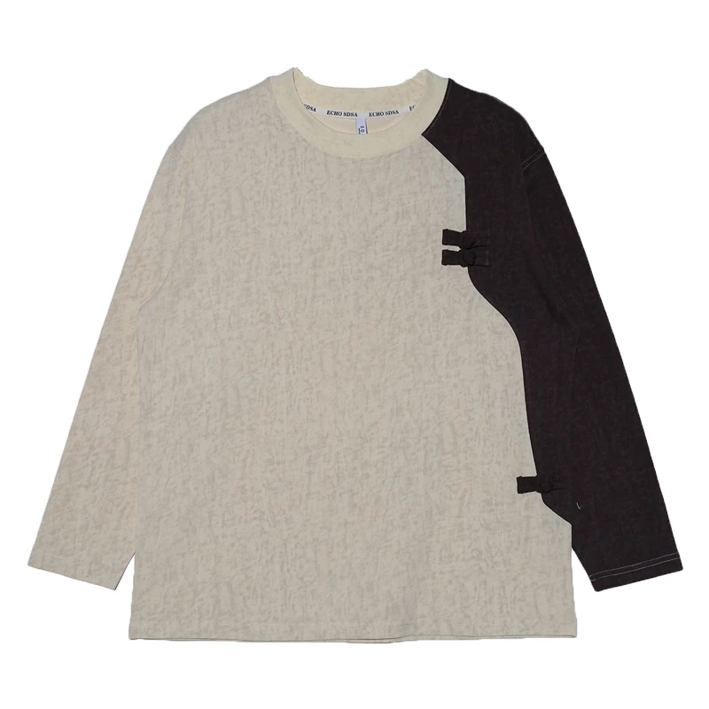 T510拼接色套头T恤男士长袖宽松中式文艺圆领斜襟男女同款