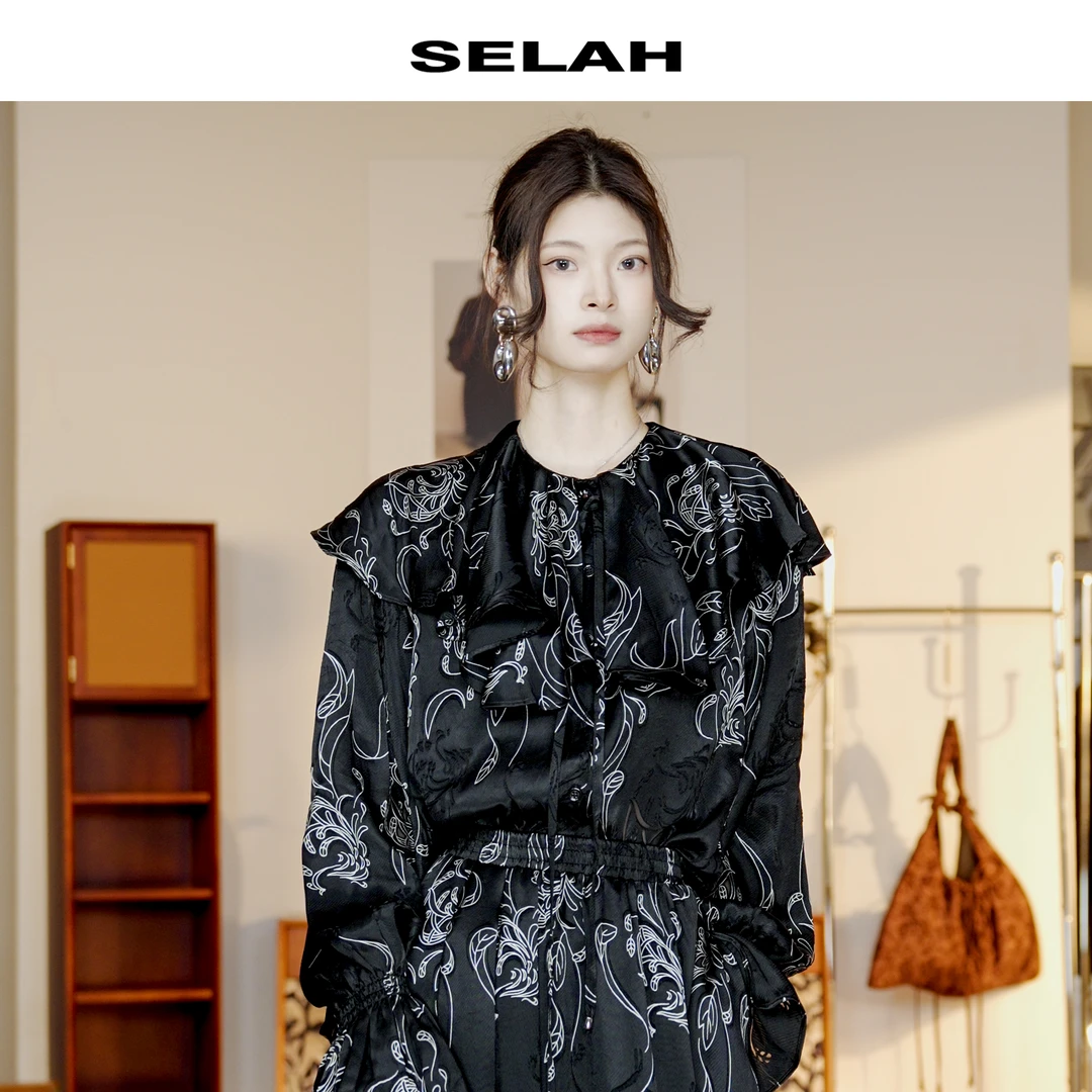 SELAH雯周周 人丝高定花纹宽松衬衫12B25079Z10