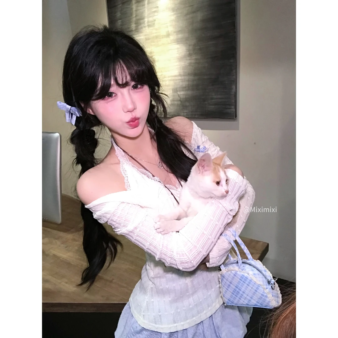 浅烙冰蓝 春夏甜美显瘦挂脖假两件上衣半裙R3353-1W