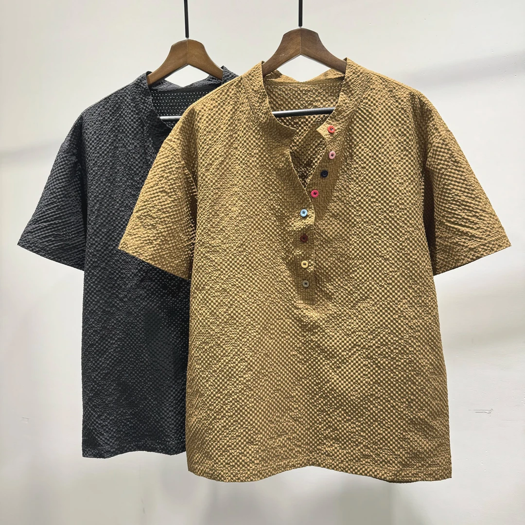 小众个性时尚彩色纽扣设计镂空透气POLO衫夏季男士百搭短袖体恤