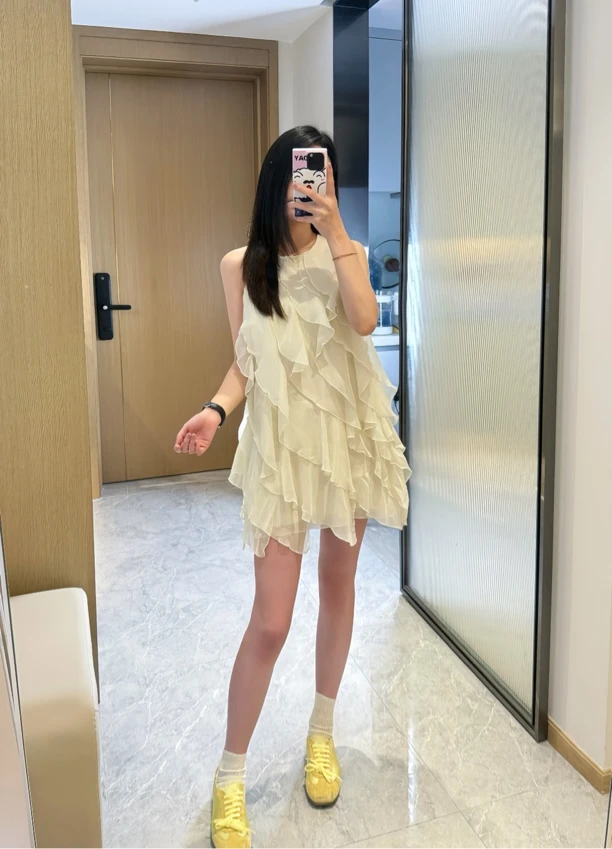 GETRICH夏季白色不规则领型法式温柔甜美风仙女连衣裙