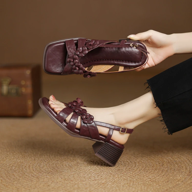 4.5cm 法式气质通勤百搭粗跟露趾写凉鞋夏季韩版简约时尚方头凉鞋