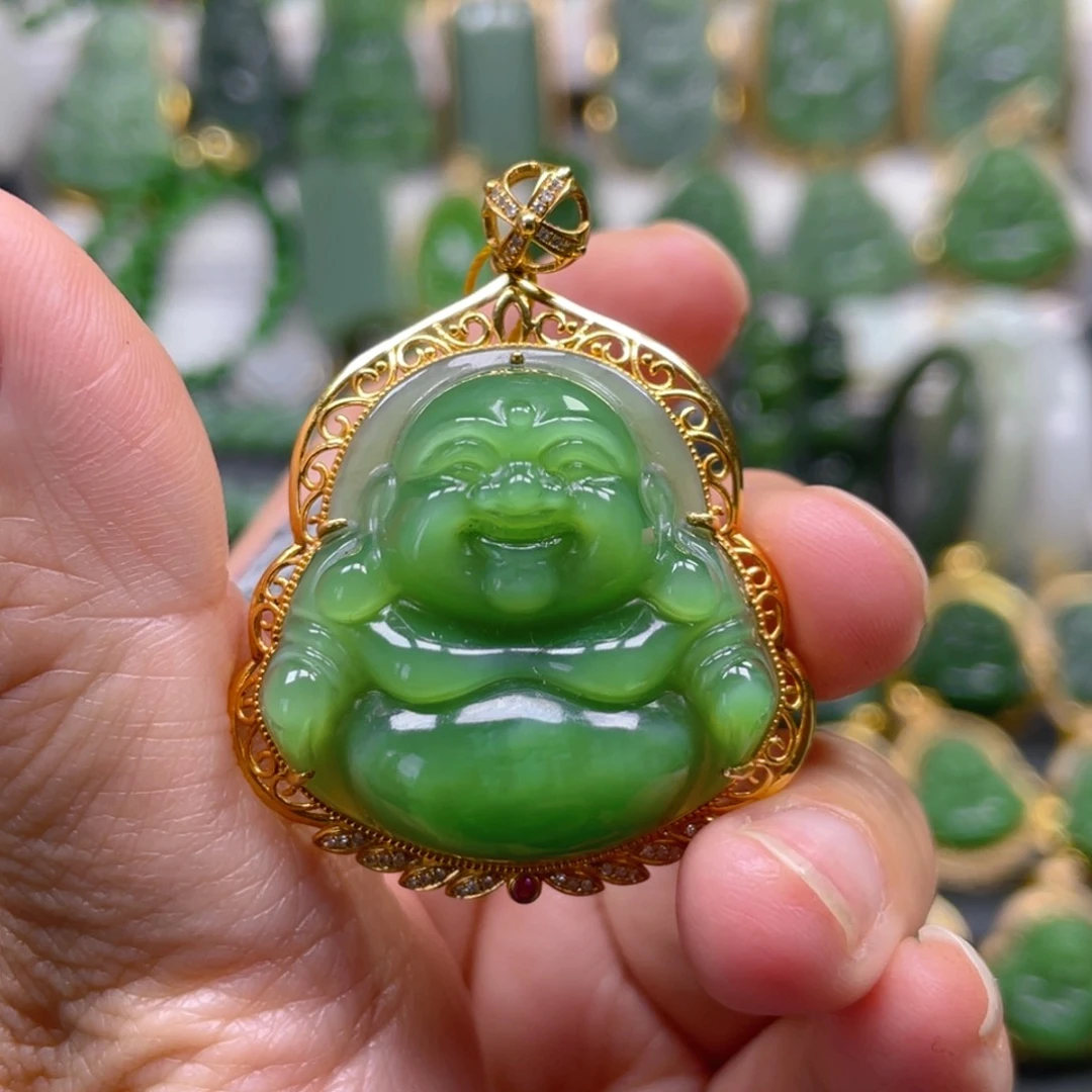 和田玉（碧玉）吊坠(不含链)18K金镶嵌