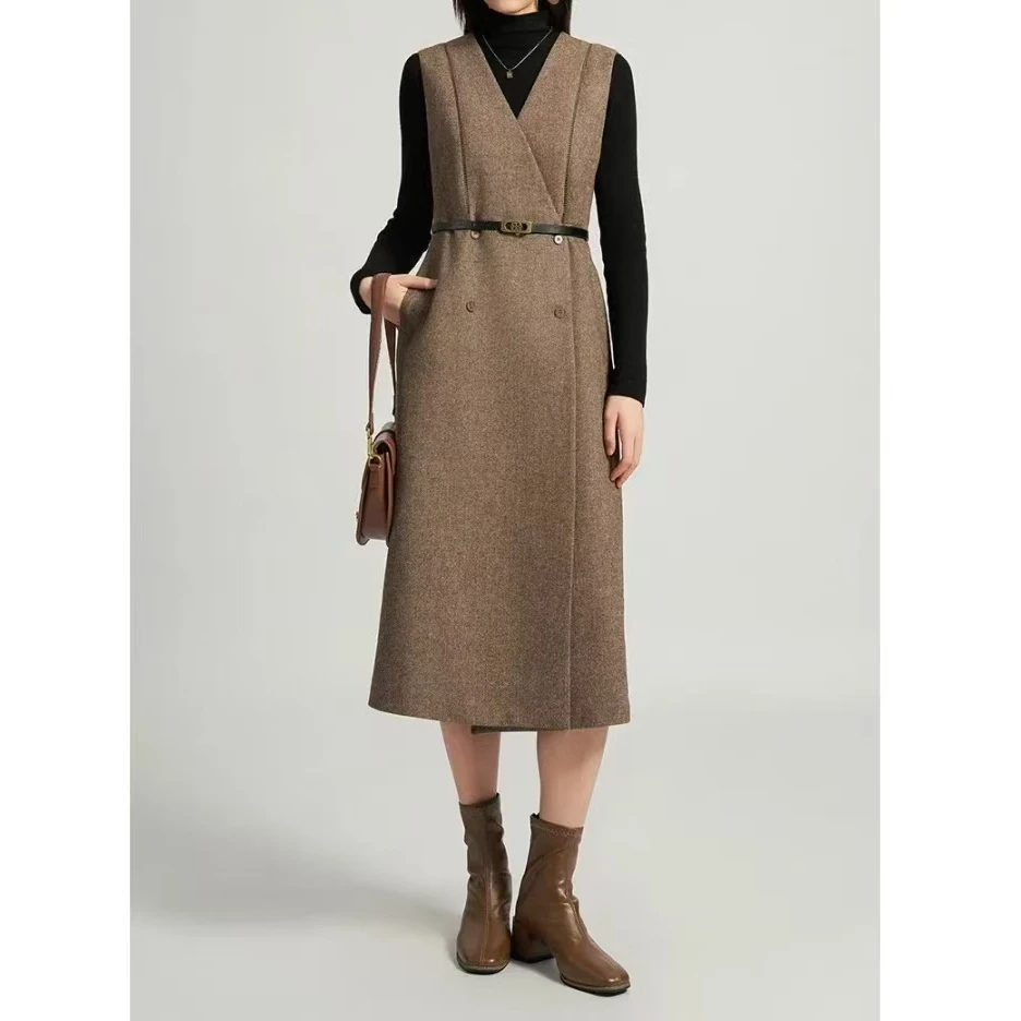 高级感法式V领无袖连衣裙中长修身显瘦毛呢马甲裙打底背心裙气质