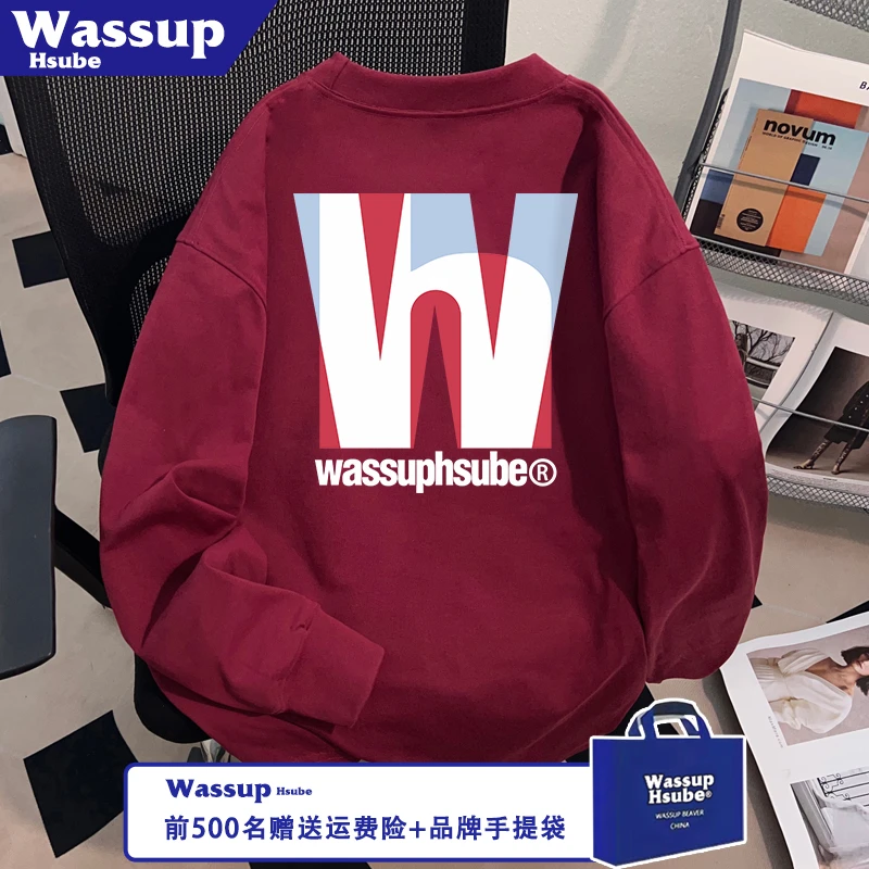 WASSUP HSUBE重磅风男女酒红色上衣秋季100%棉长袖ins潮流印花T恤