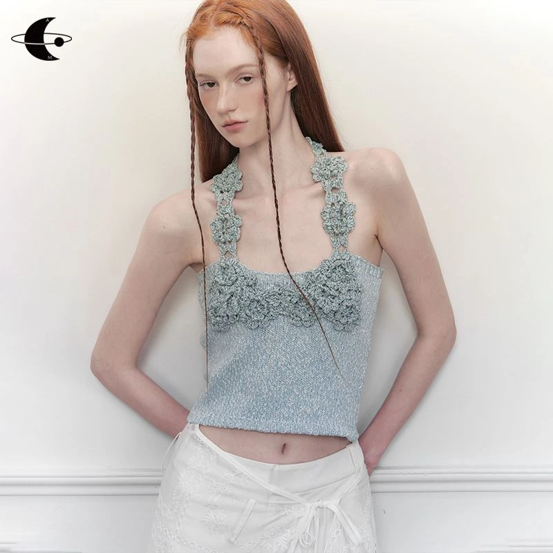 创世纪元【瑰意琦行】原创针织挂脖吊带上衣女夏无袖露背背心小众