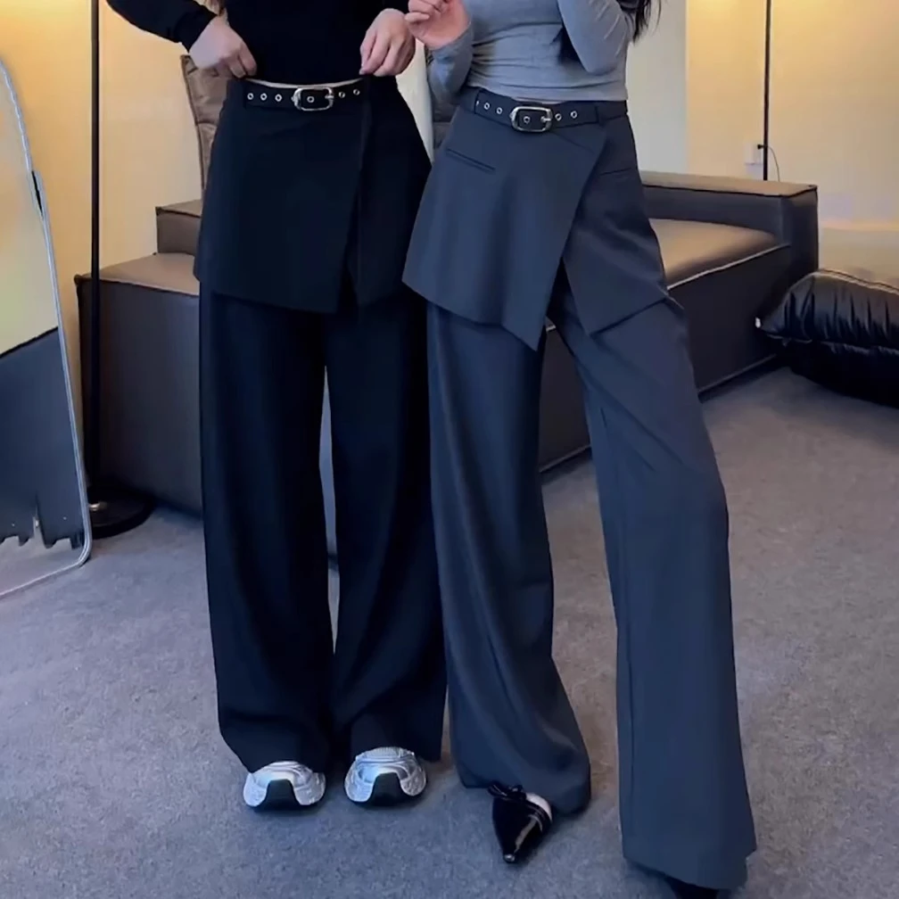 韩国chic假两件西装微喇裤女春夏设计感个性梨形身材遮跨显瘦裤子