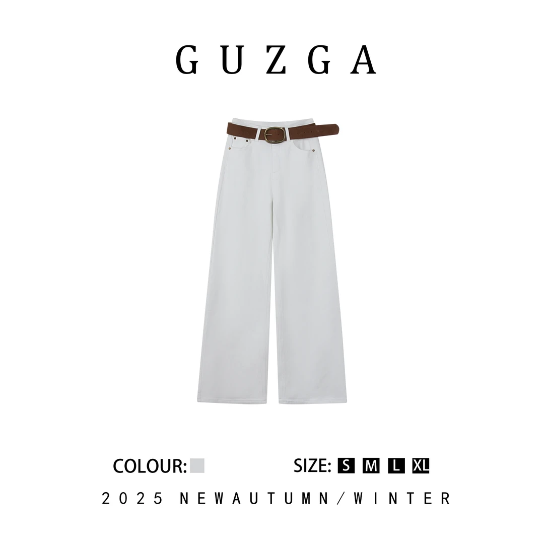 GUZGA【顾盼生辉】（加绒）2025秋冬白色新款高腰阔腿牛仔裤女中式
