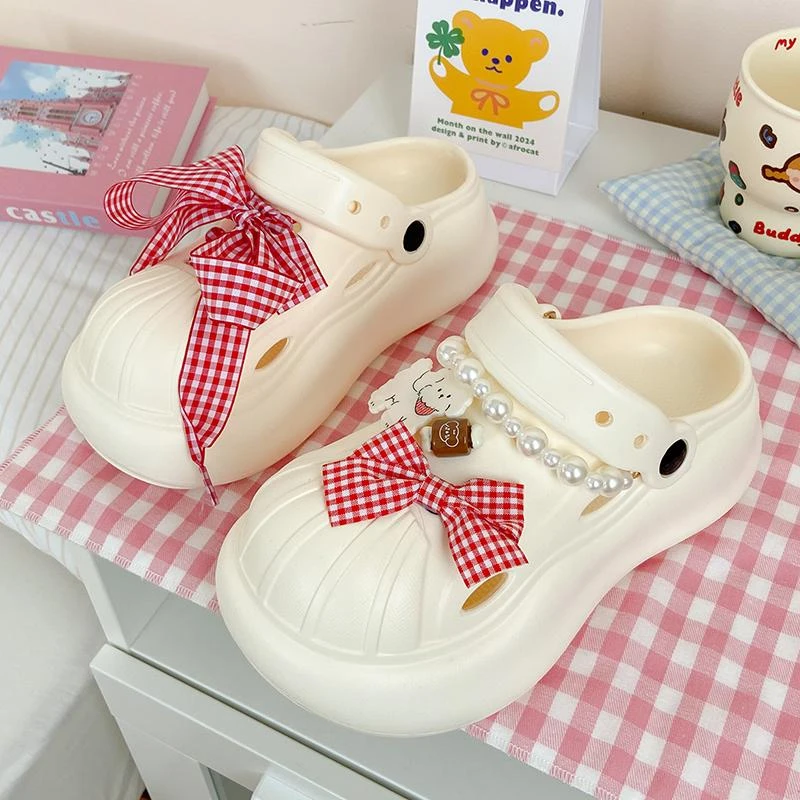 可爱蝴蝶结珍珠洞洞鞋女夏季外穿防滑厚底室内居家两穿包头凉拖鞋