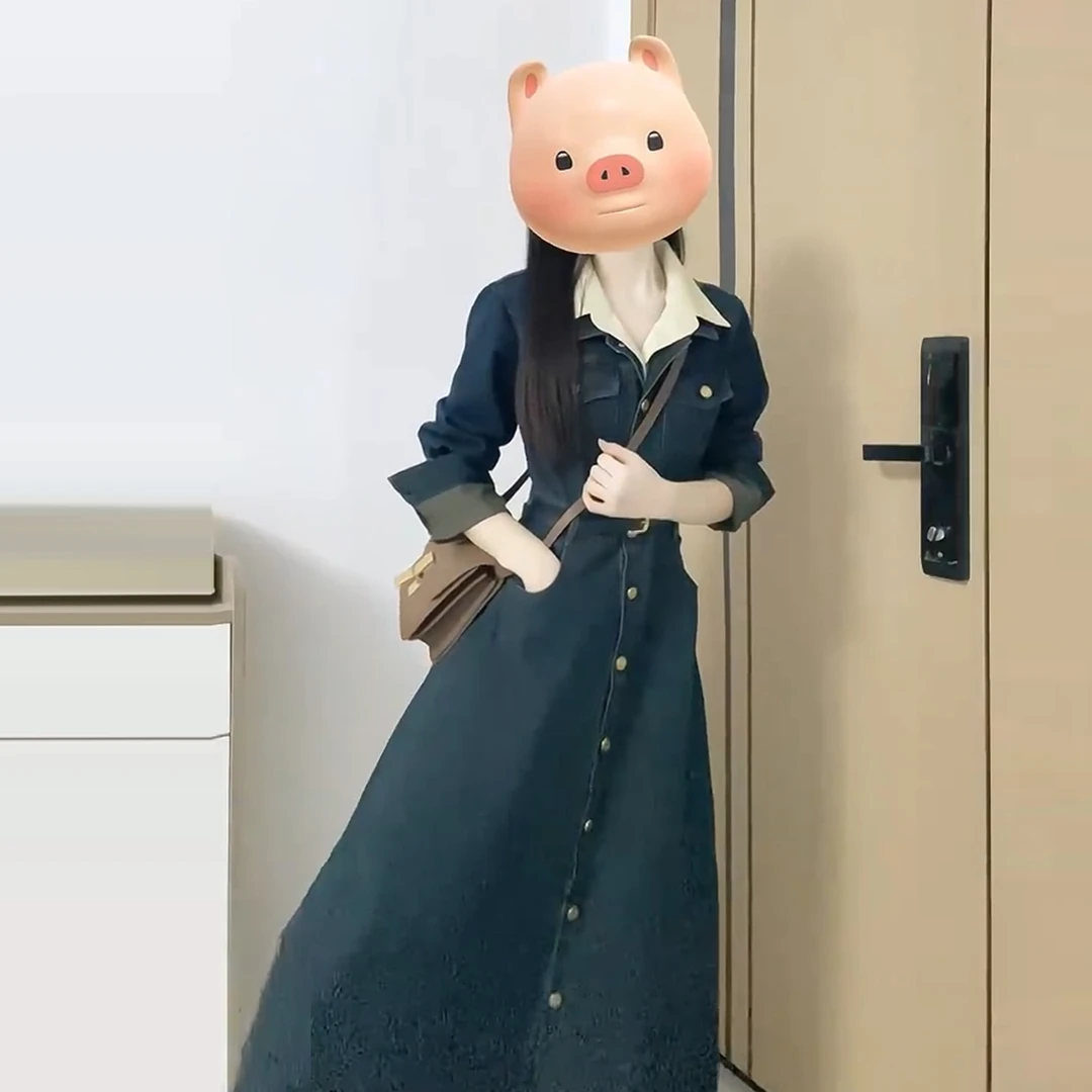 法式复古牛仔假两件连衣裙子女秋冬季2026新款显瘦气质高级感长裙