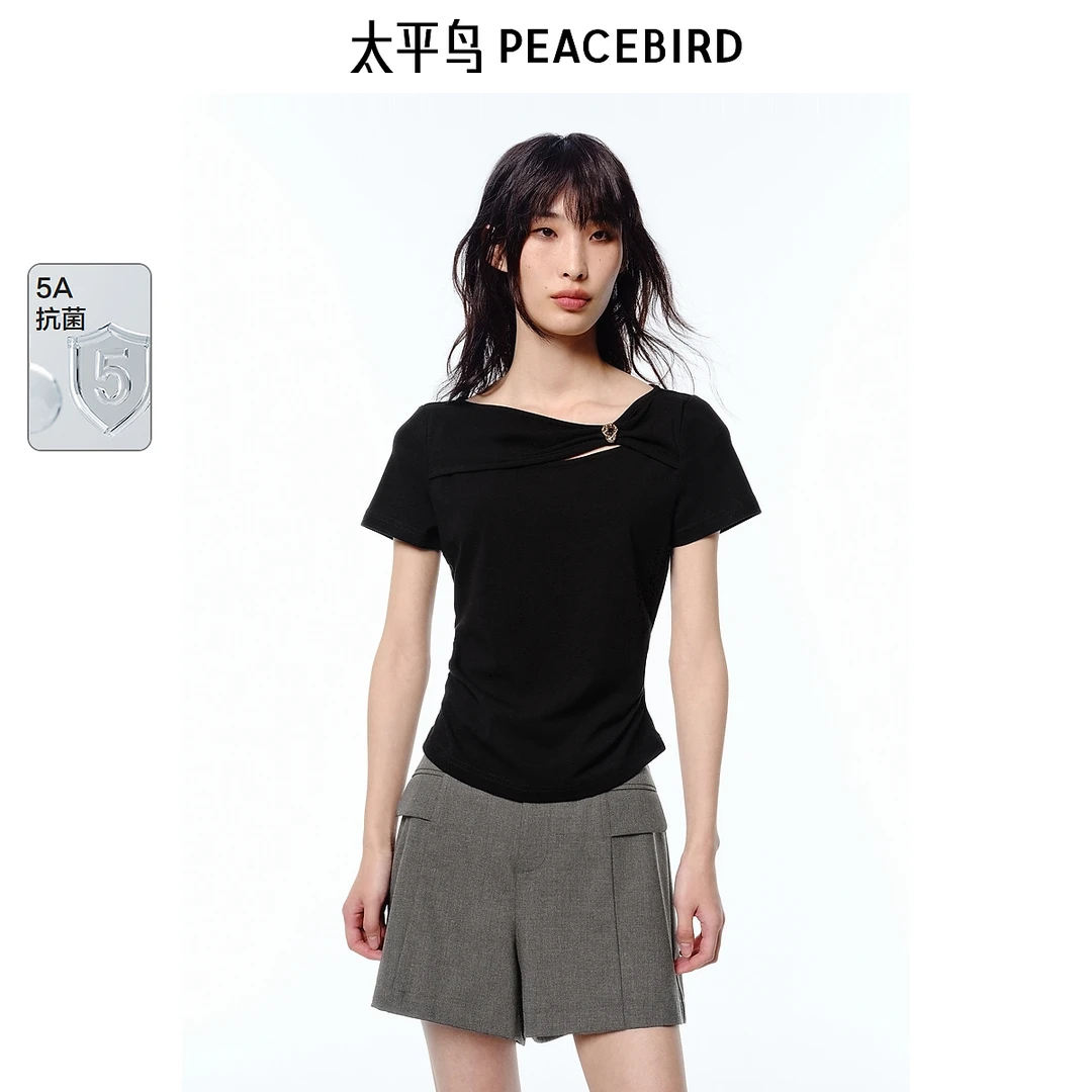 【5A抗菌】太平鸟不规则扭结镂空短袖T恤夏新款修身显瘦ABCNF2366