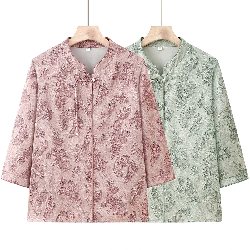 奶奶夏装新中式七分袖衬衫2025新款60岁中老年人女妈妈装夏上衣服