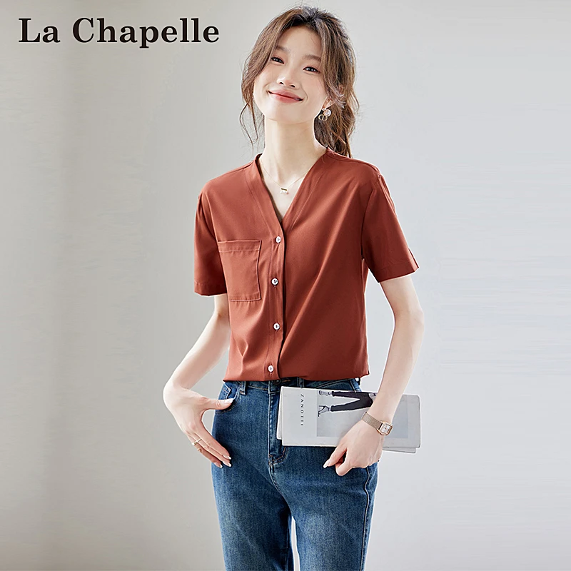 拉夏贝尔法式V领短袖衬衫女夏宽松显瘦职业通勤短袖上衣2025新款