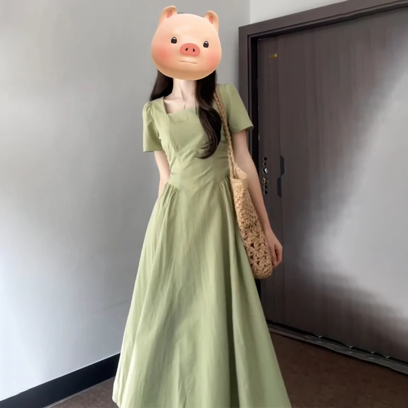 3615法式气质方领2025年夏季新款女装长裙设计小众收腰显瘦连衣裙