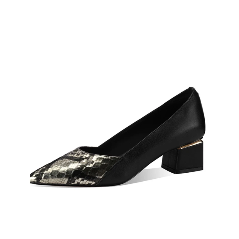 973-110浅口单鞋百搭工作穿粗跟高跟鞋子真皮低帮鞋拼色