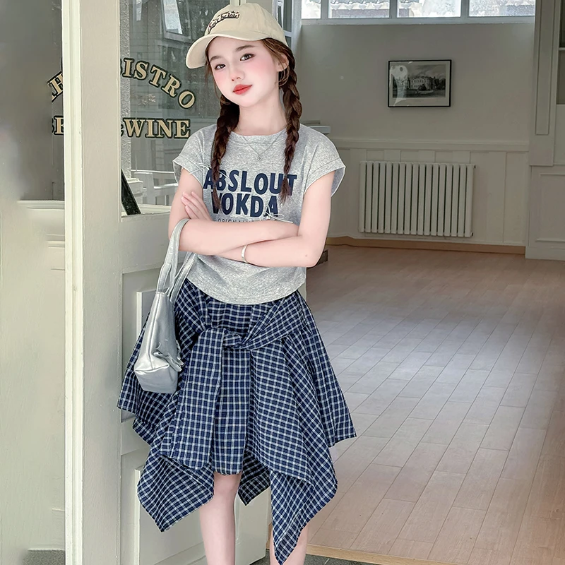 童装夏季插件袖T恤格子裙两件套韩版中大儿童设计感短裙收腰短袖