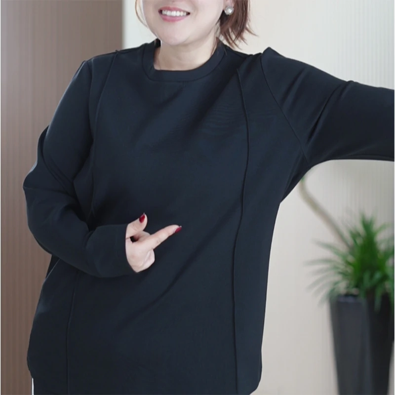 极简风长袖打底衫时尚百搭圆领拼接大码休闲T恤上衣女潮