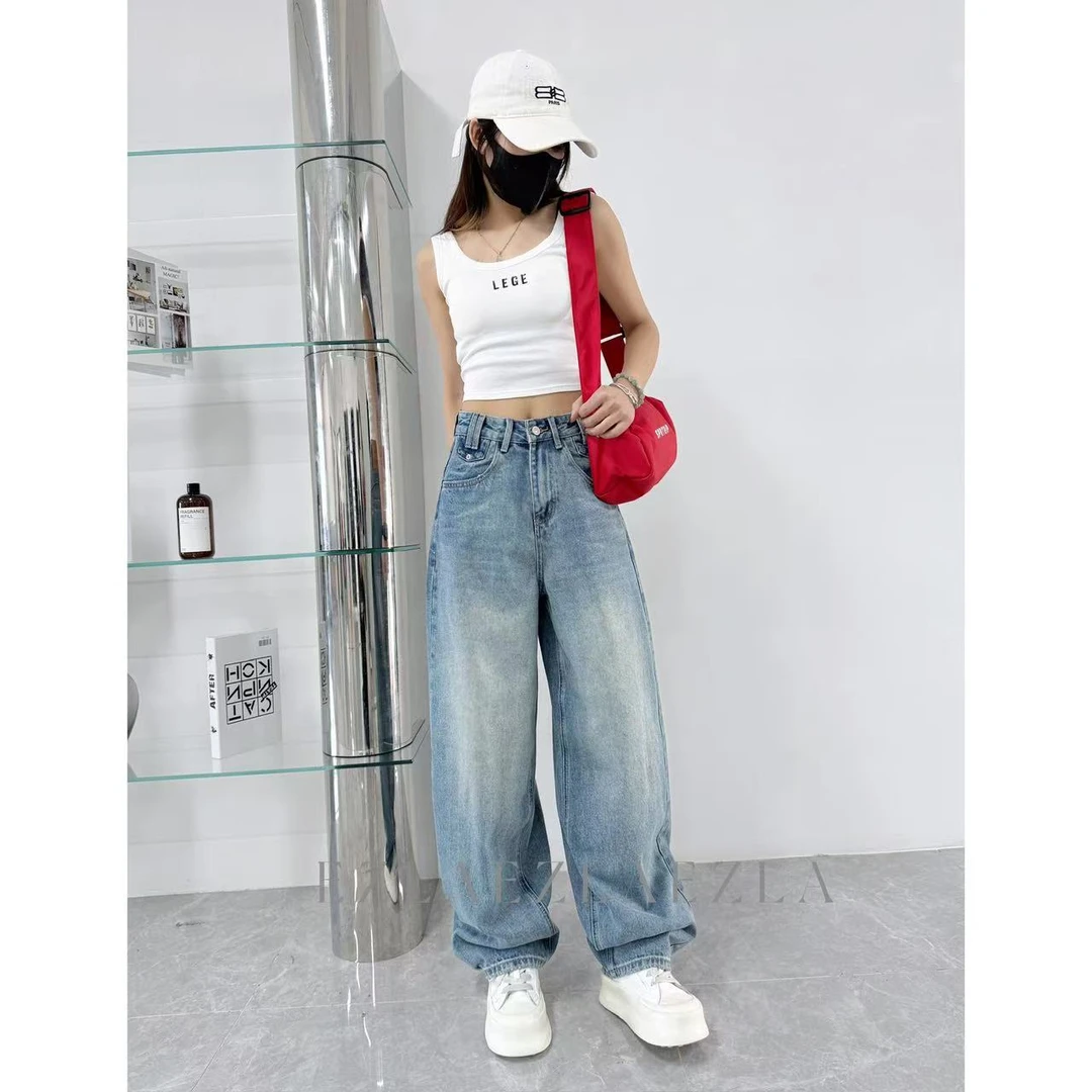 TT 原创 EZ2212 春款浅蓝中高腰设计时尚显瘦阔腿弯刀老爹弯刀裤
