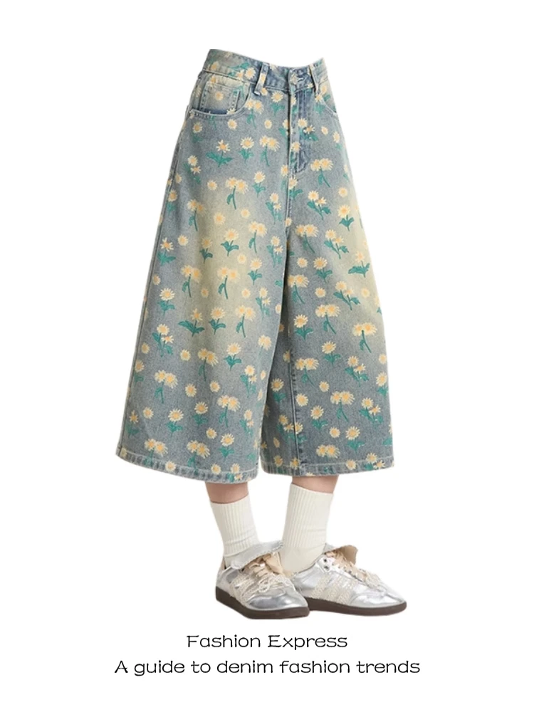 小雏菊设计感牛仔裤女2025新款印花夏季美式复古宽松休闲阔腿短裤