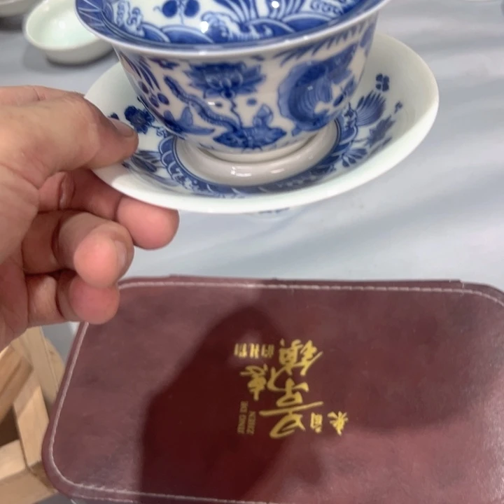 瓷片白青花鱼藻纹元宝盖碗微