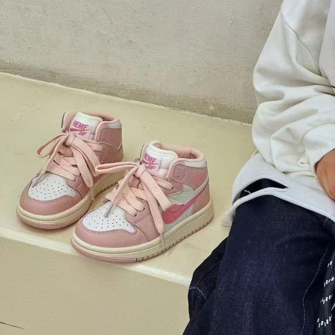 AJ高帮女童潮款百搭粉色少女，儿童学院风时尚潮流板鞋可爱