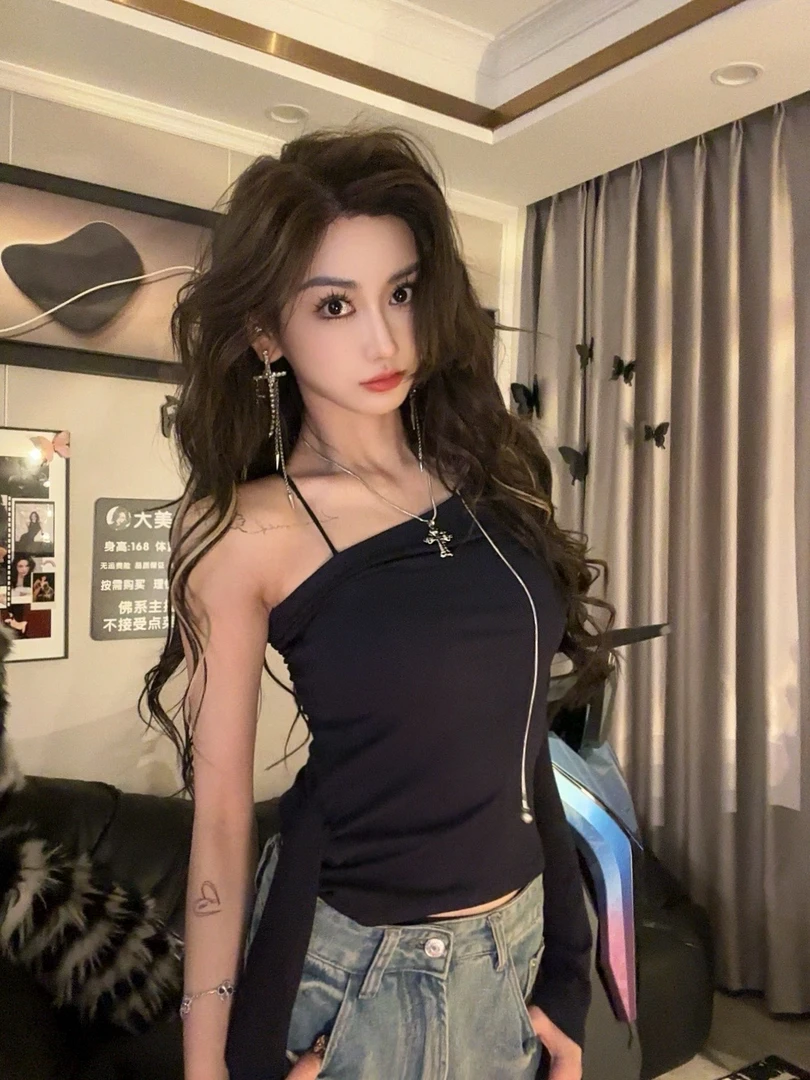 斜领露肩长袖T恤女修身显瘦不规则辣妹小众chic飘带上衣