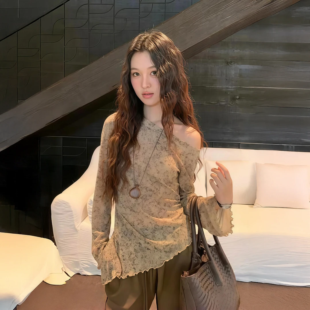 早秋搭配一整套性感辣妹晕染不规则长袖针织衫上衣休闲阔腿裤套装