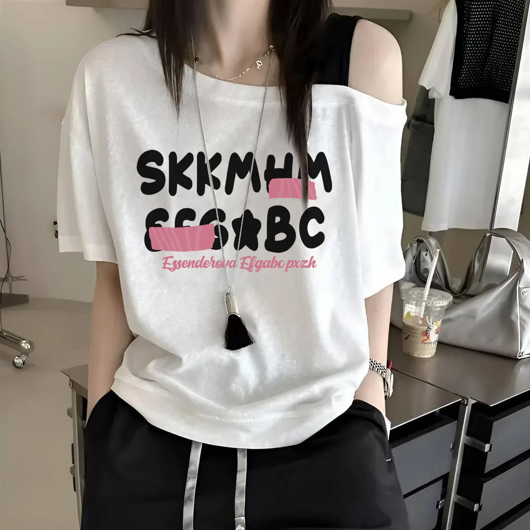 法式打底欧美斜肩吊带撞色休闲短袖T桖时尚宽松显瘦百搭韩版白色