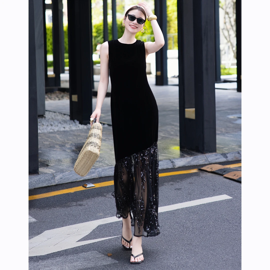 ZEROYK女人味连衣裙2025夏季高级真丝丝绒无袖背心裙名媛气质长裙