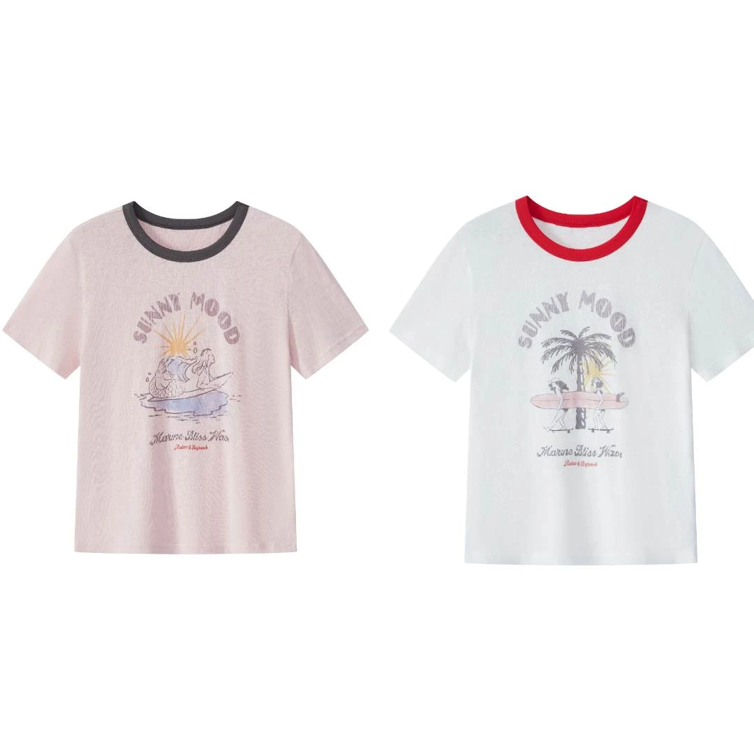 CHERI.Z沙滩椰子树印花 圆领撞色衣领宽松夏季短袖