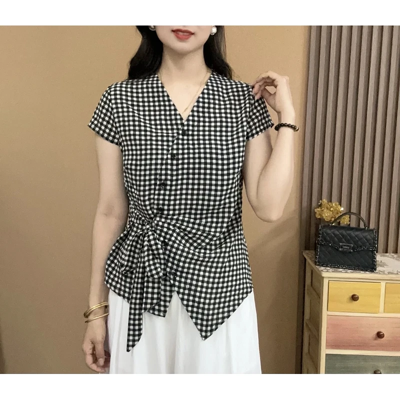 2025夏季新款格子休闲洋气短袖气质百搭V领显瘦开衫扣上衣小衫627