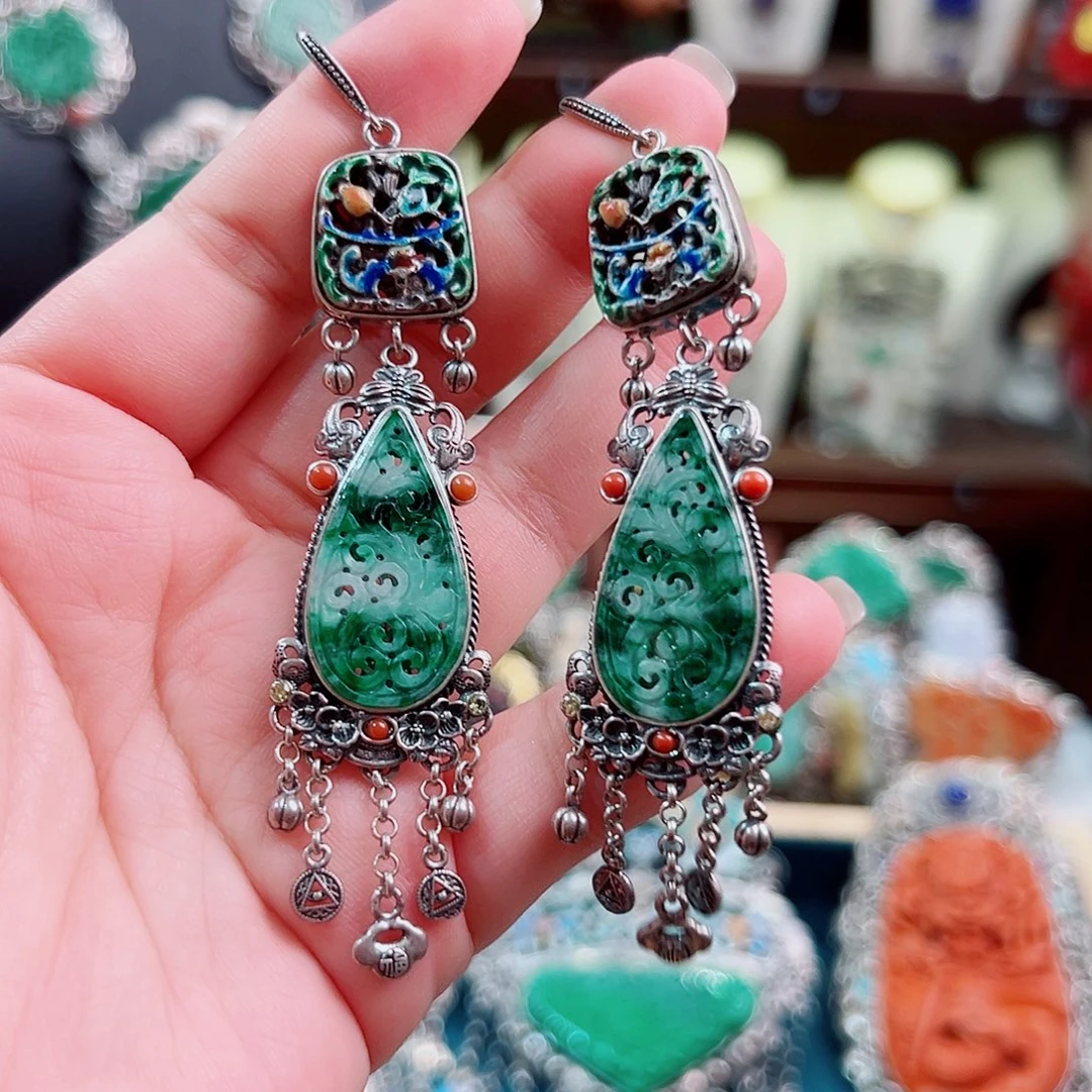翡翠银S925镶嵌挂件耳环