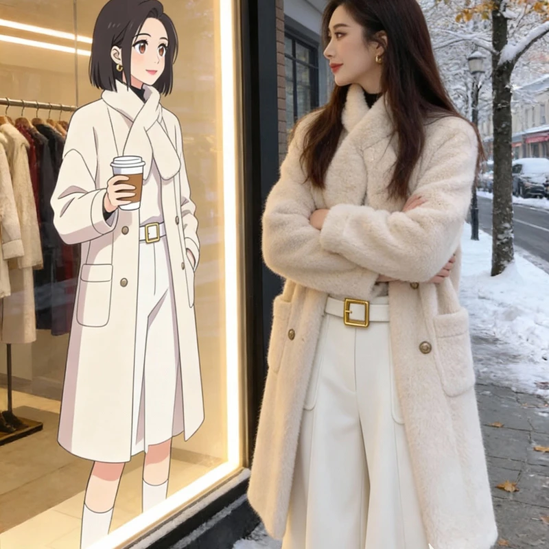 一体外套女中长款2025秋冬新款麂皮绒超好看水貂绒大衣 77A85