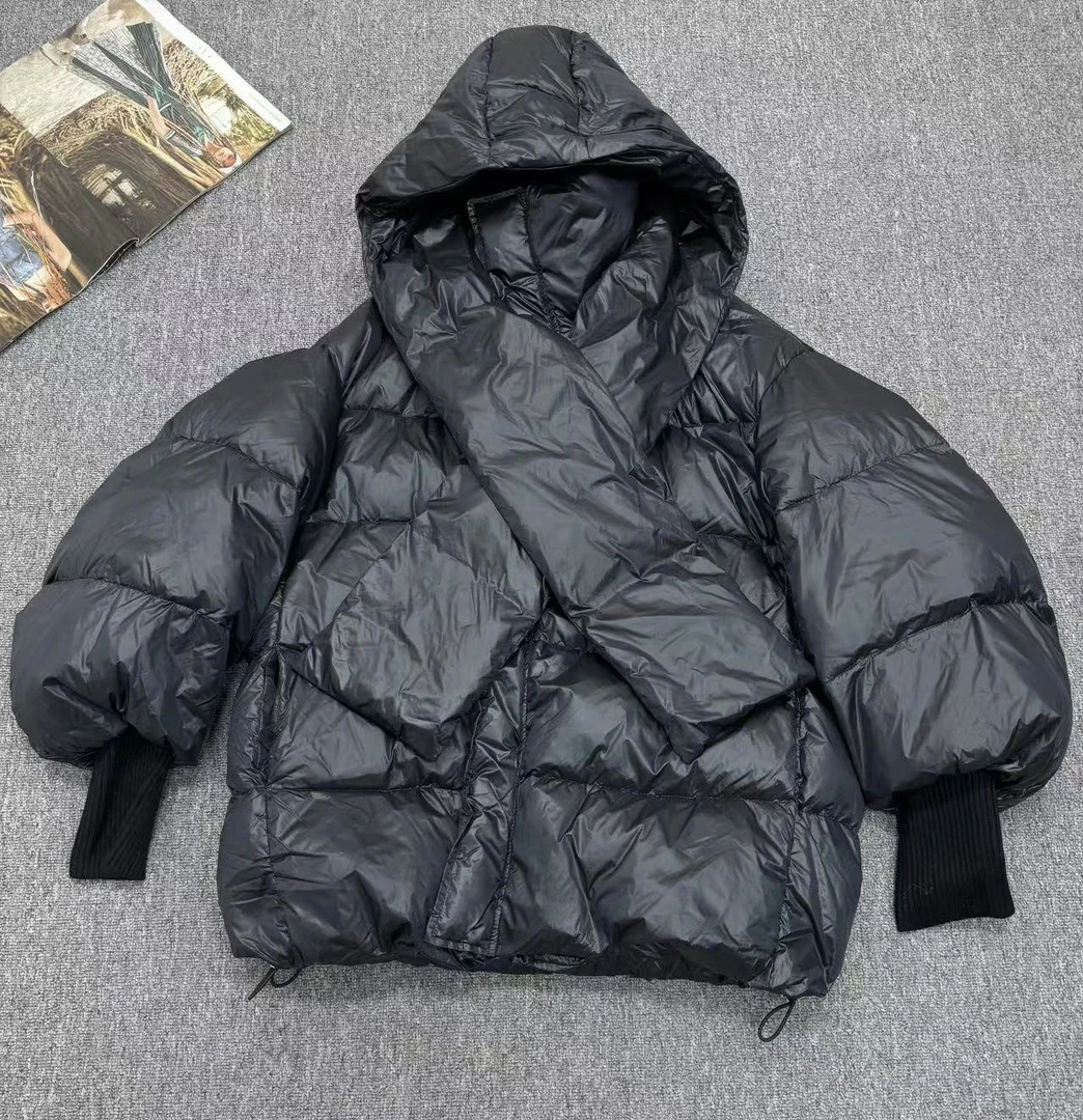 欧货女装冬季新款拼接围脖连帽厚实白鸭绒羽绒服