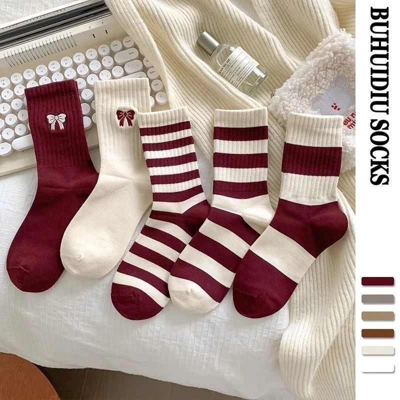 安可拉红袜子女中筒秋冬季ins潮百搭蝴蝶结红色条纹