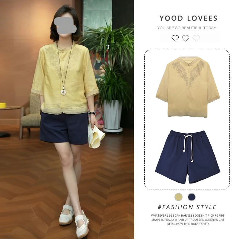 夏季减龄穿搭一整套新中式国风七分袖衬衫休闲显瘦短裤两件套装女