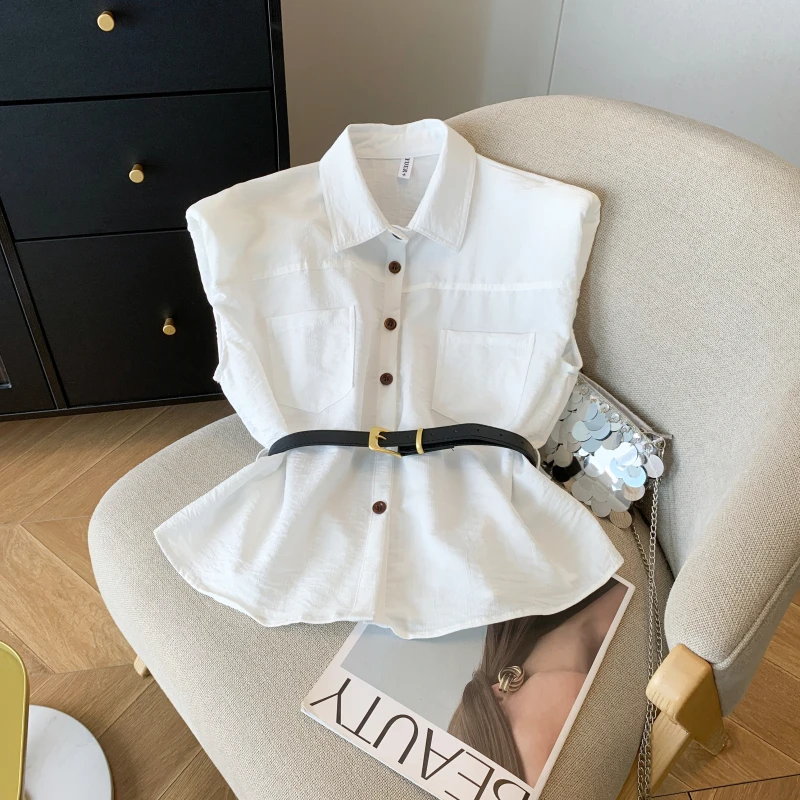 白衬衣短袖夏季新款韩版送腰带百搭显瘦单排扣气质无袖露背设计感