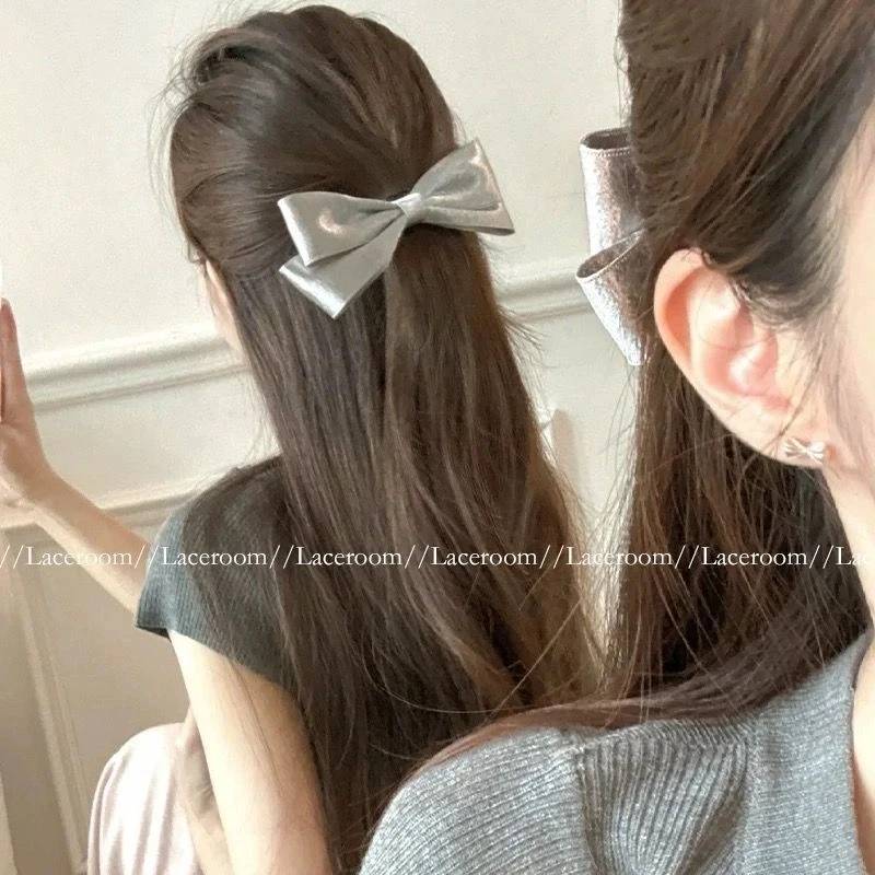 直击心巴~甜酷蝴蝶结发夹女高级感银色刘海边夹弹簧夹气质马尾夹