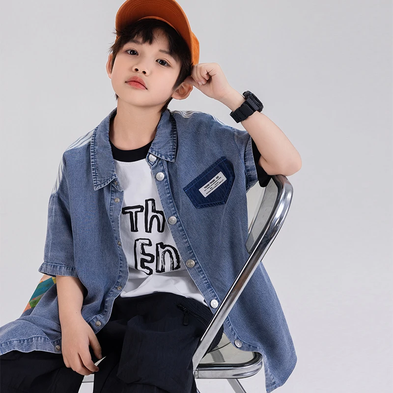 儿童新款夏装休闲牛仔短袖衬衫男童夏季韩版帅气衬衣中大童上衣潮