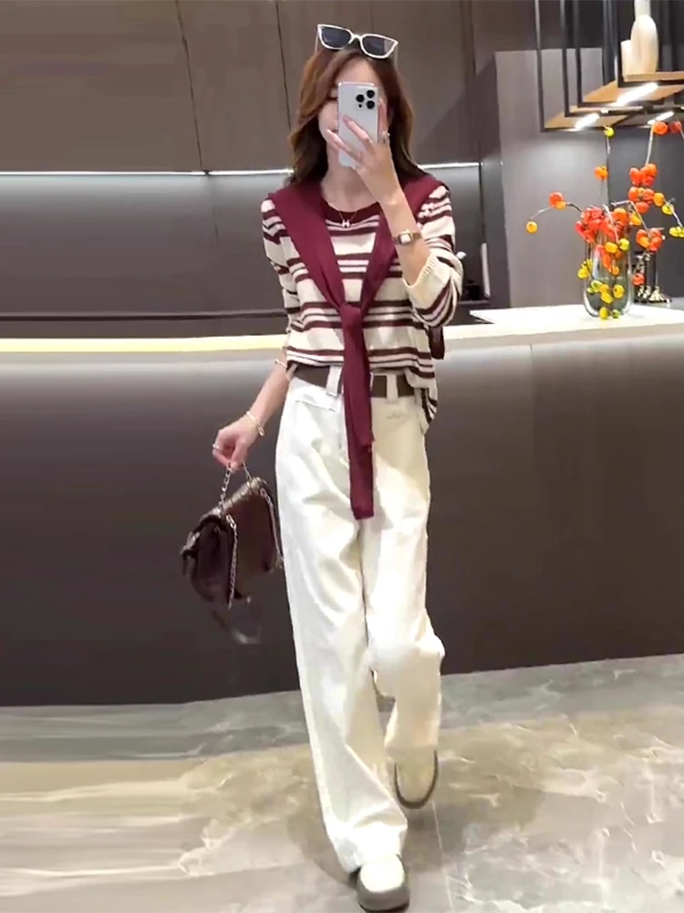 2025秋款百搭条纹撞色带披肩针织衫显高显瘦弯刀牛仔裤子两件套装