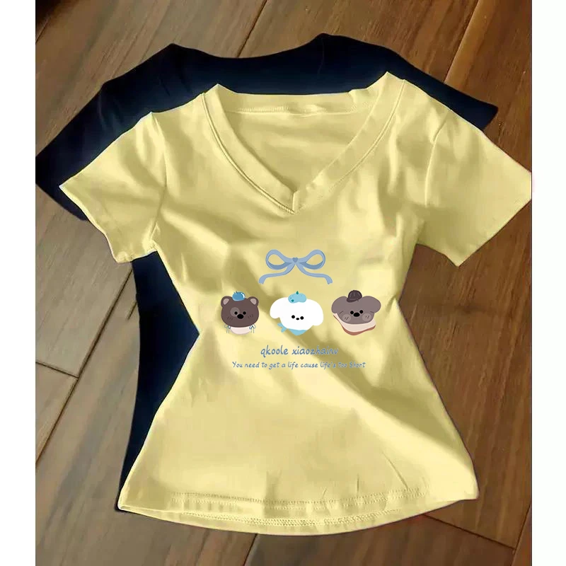 正肩短袖T恤女新款夏季休闲时尚多巴胺美式慵懒chic辣妹修身上衣