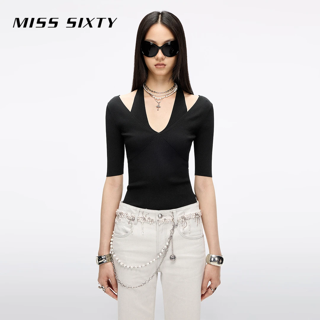 Miss Sixty2025秋季新款针织衫女挂脖短袖紧身短款上衣含桑蚕丝