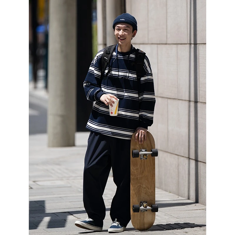 Bellken22AW复古日系藏青休闲条纹长袖T恤男女流行宽松廓形情侣衫