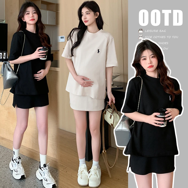 2025韩版孕妇休闲运动风圆领棉短袖+防走光短裙大码套装夏季