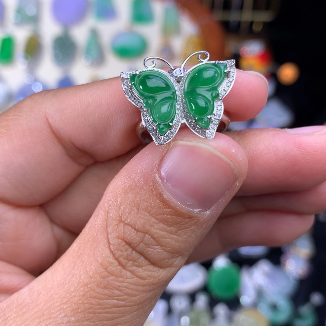翡翠吊坠(不含链)18K金镶嵌蝴蝶两用款