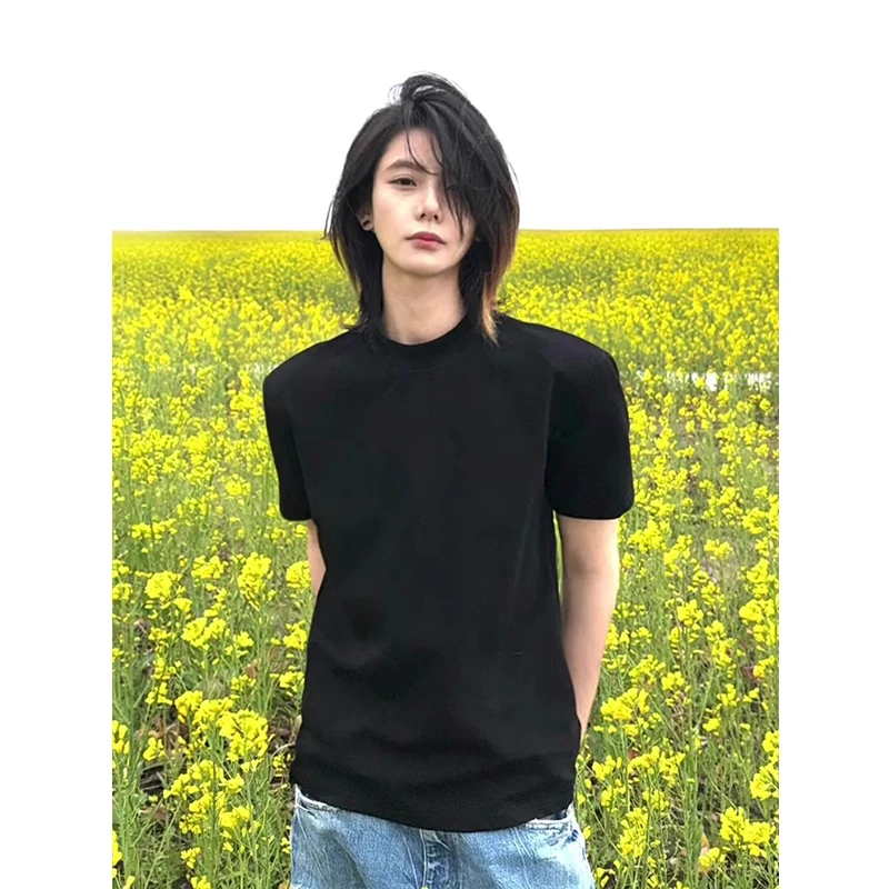 cleanfit黑色正肩短袖男款夏季美式小领口重磅t恤修身内搭半截袖