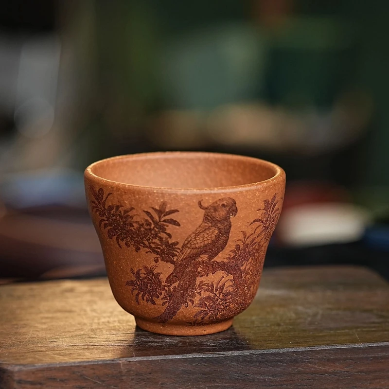 【2693鹦鹉杯】宜兴原矿紫砂手工刻绘鹦鹉主人杯 葫芦杯