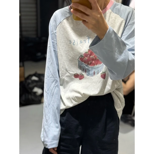 T恤通勤印花个性长袖扎染可爱风拼接圆领打底衫秋季